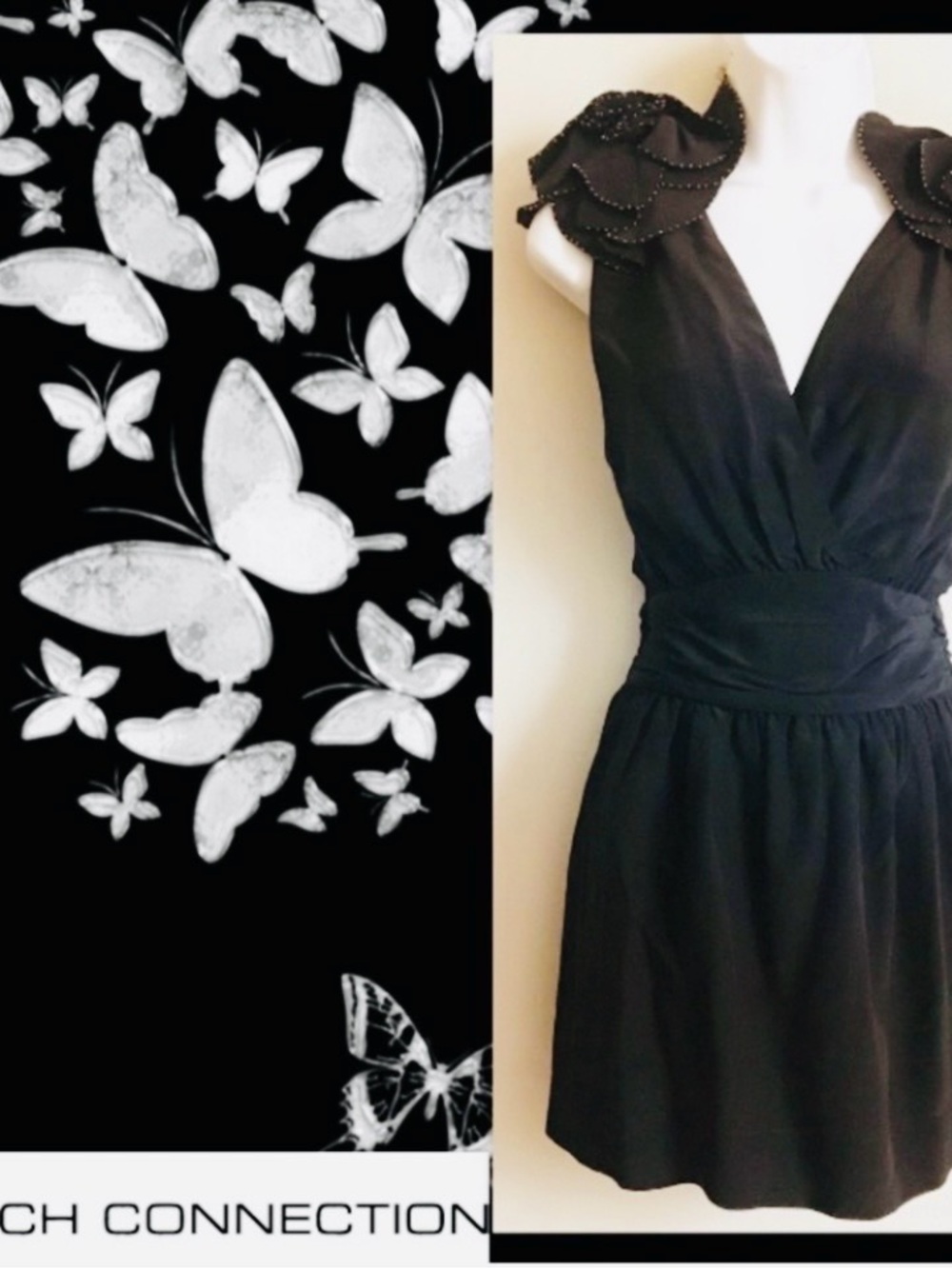 French Connection Black V-Neck Ruffle Shoulder Mini Dress